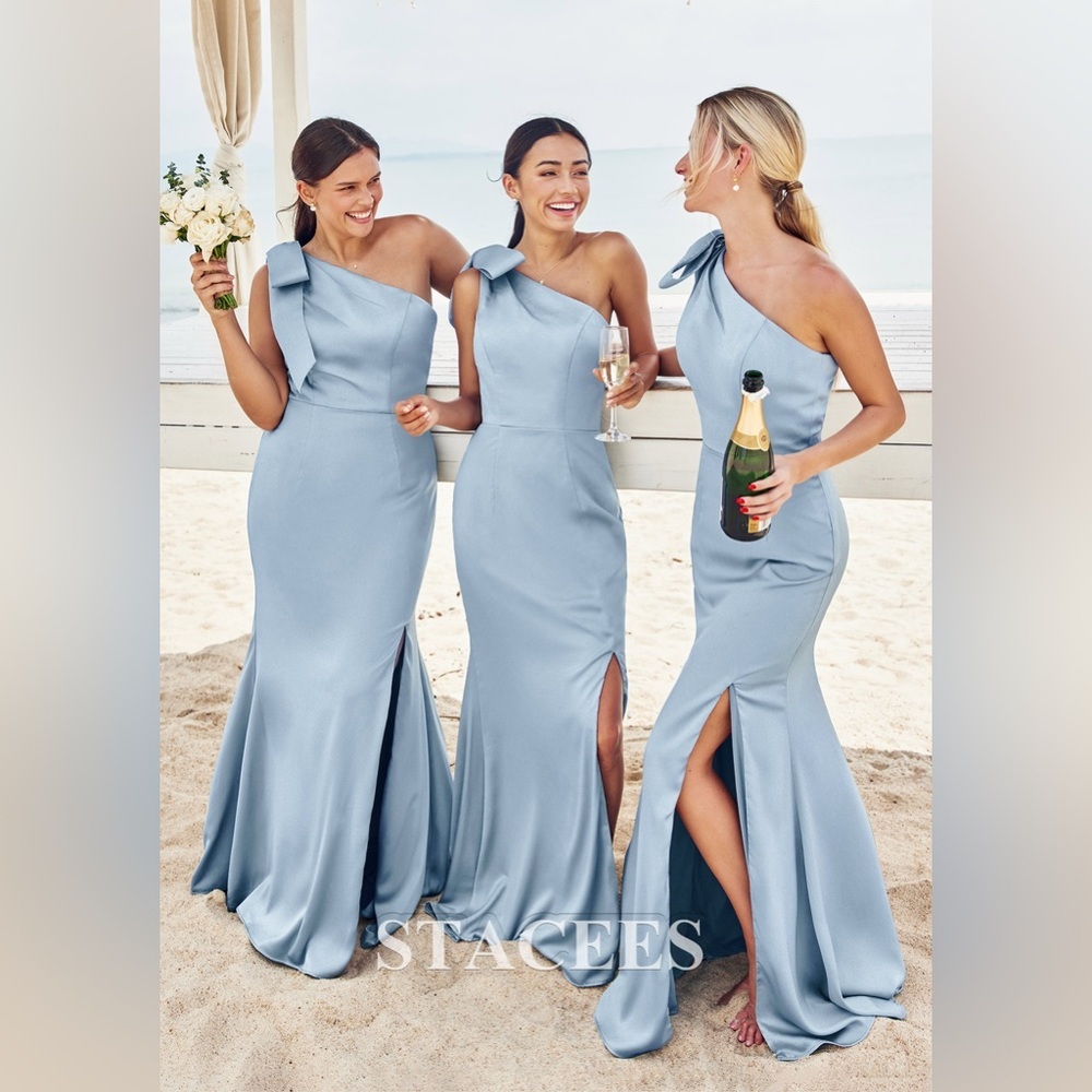 🆕 STACEES Trumpet/Mermaid One-Shoulder Stretch Satin Bridesmaid Dress Bowknot 2 - Picture 8 of 11